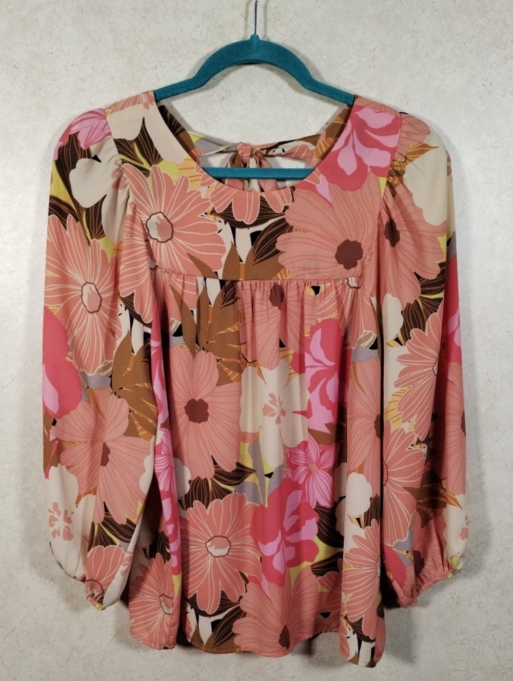 G152 DR2 peach & pink floral print tie back babydoll blouse L